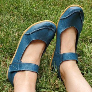 Sky Blue Leather Mary Jane Korean Style Velcro EUC